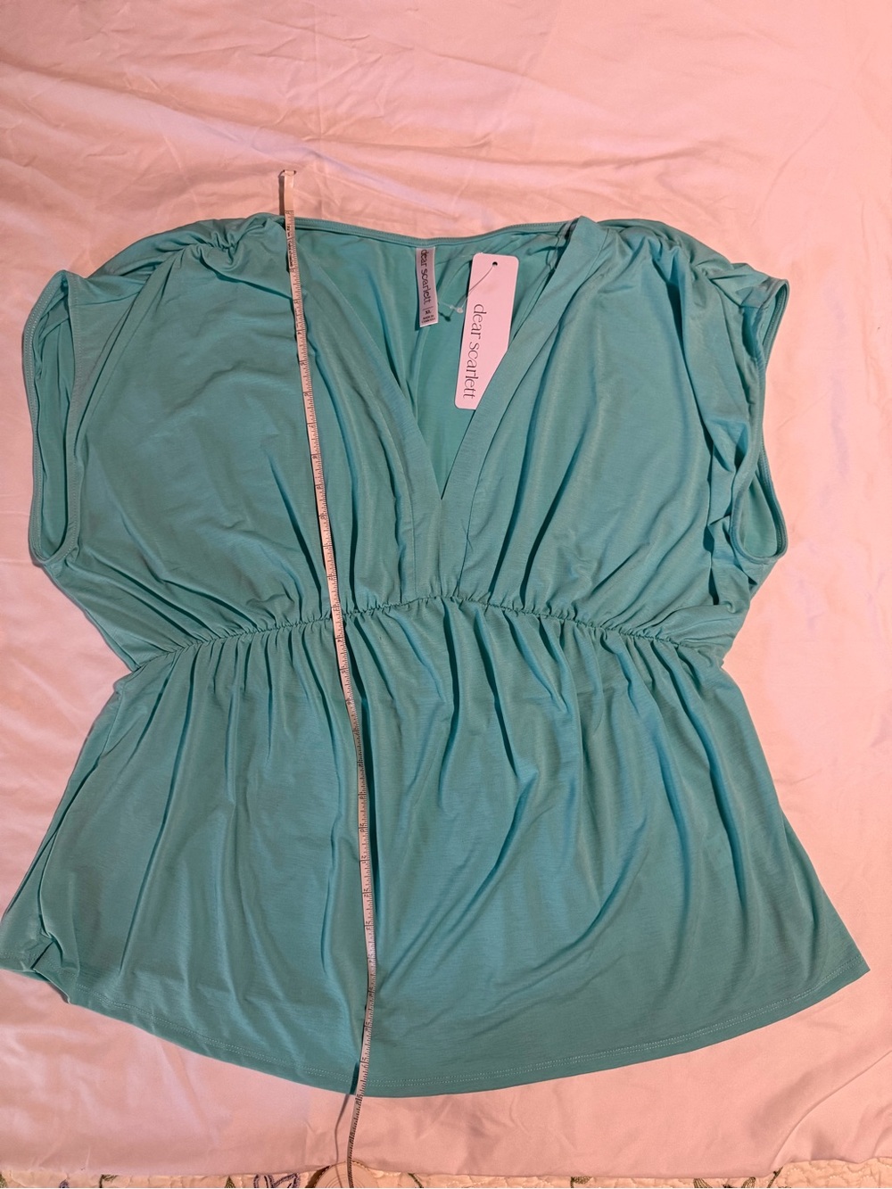 Dear Scarlett Aqua Turquoise V-Neck Empire Waist Blouse XL NWT - Picture 4 of 5